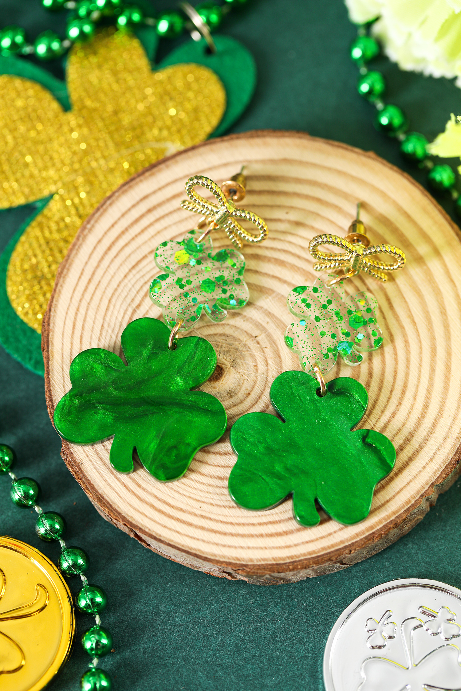 Green Double Clover Dangle Pendant Bow Stud Earrings