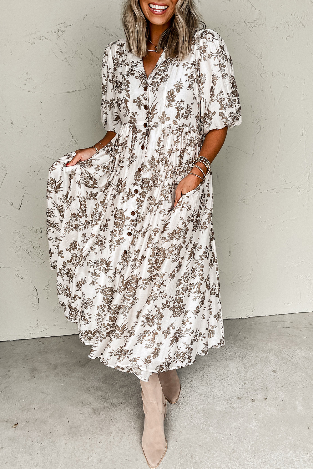 Khaki Floral Puff Sleeve V Neck Buttoned Front Maxi Dress