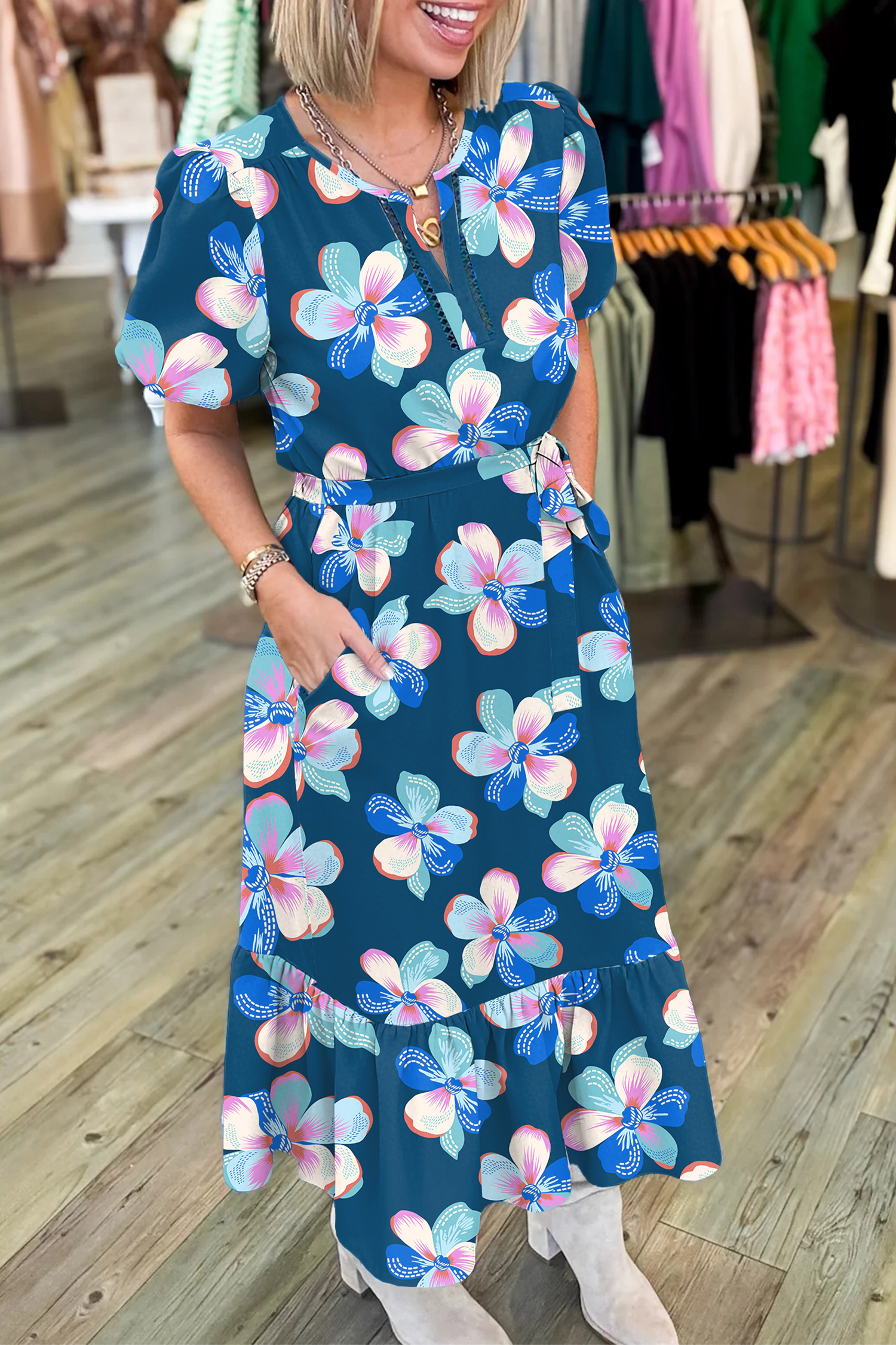 Blue Floral Print Short Puff Sleeve Ruffle Hem Belted Long Dress