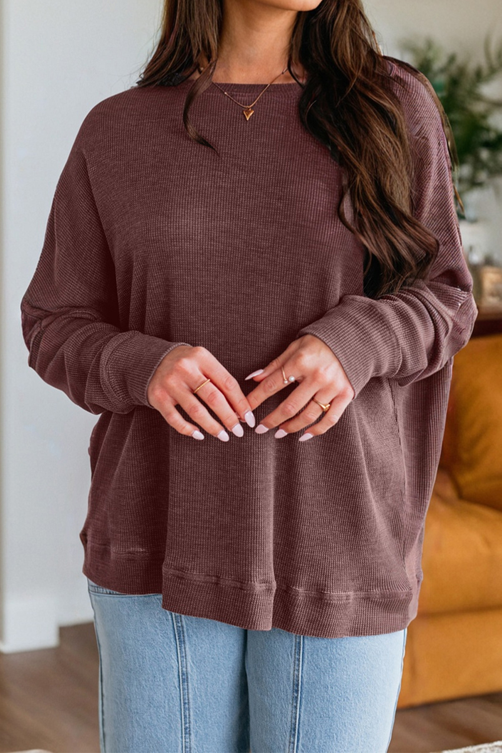 Dark Brown Waffle Knit Patchwork Long Sleeve Loose Top