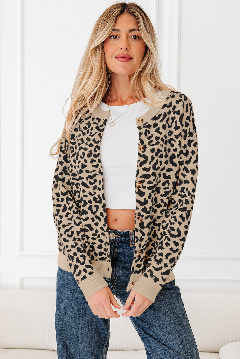 Black Leopard Drop Shoulder Chunky Knitted Cardigan Sweater