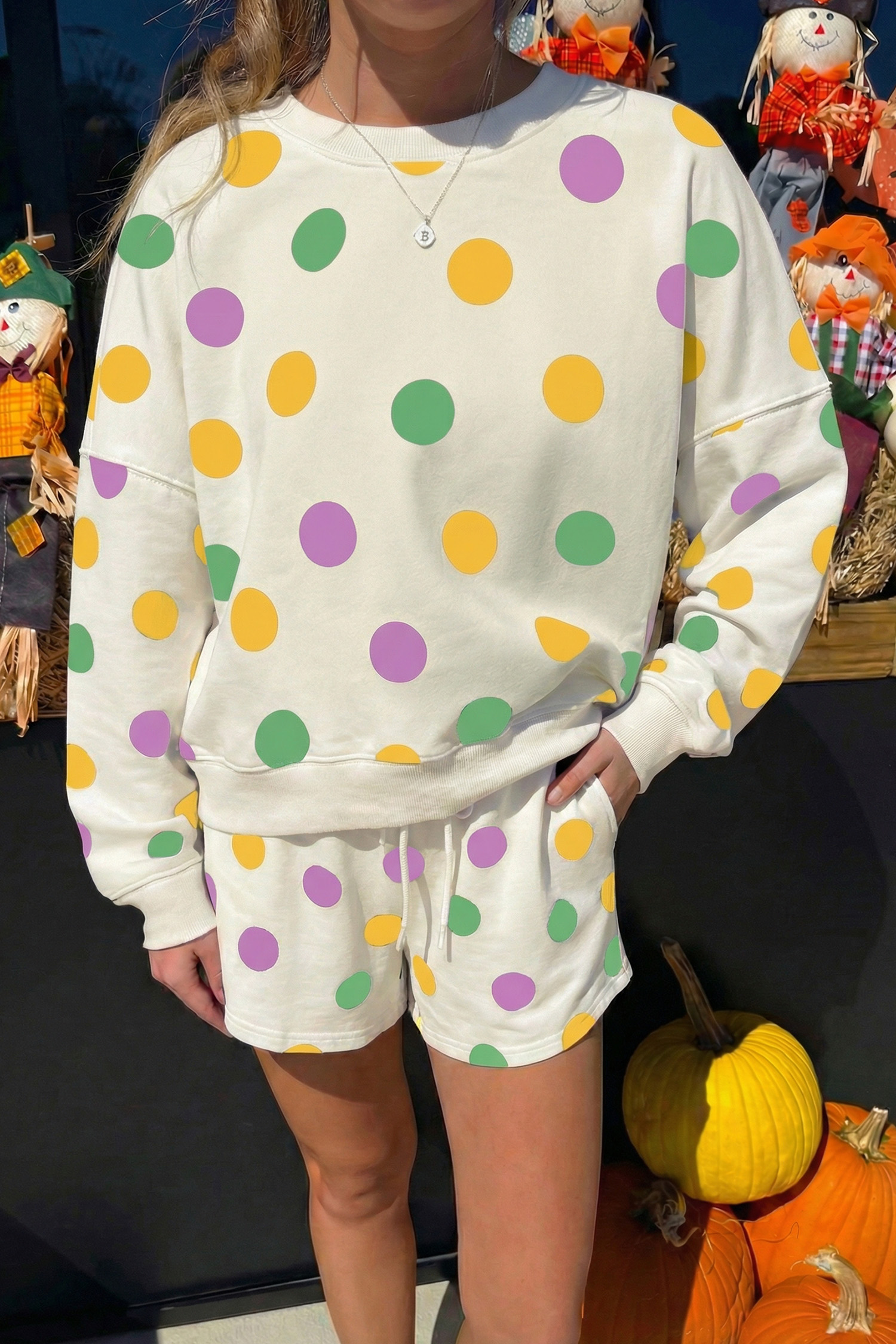 Beige Polka Dot Print Drop Shoulder Pullover Drawstring Jogger Pant Set
