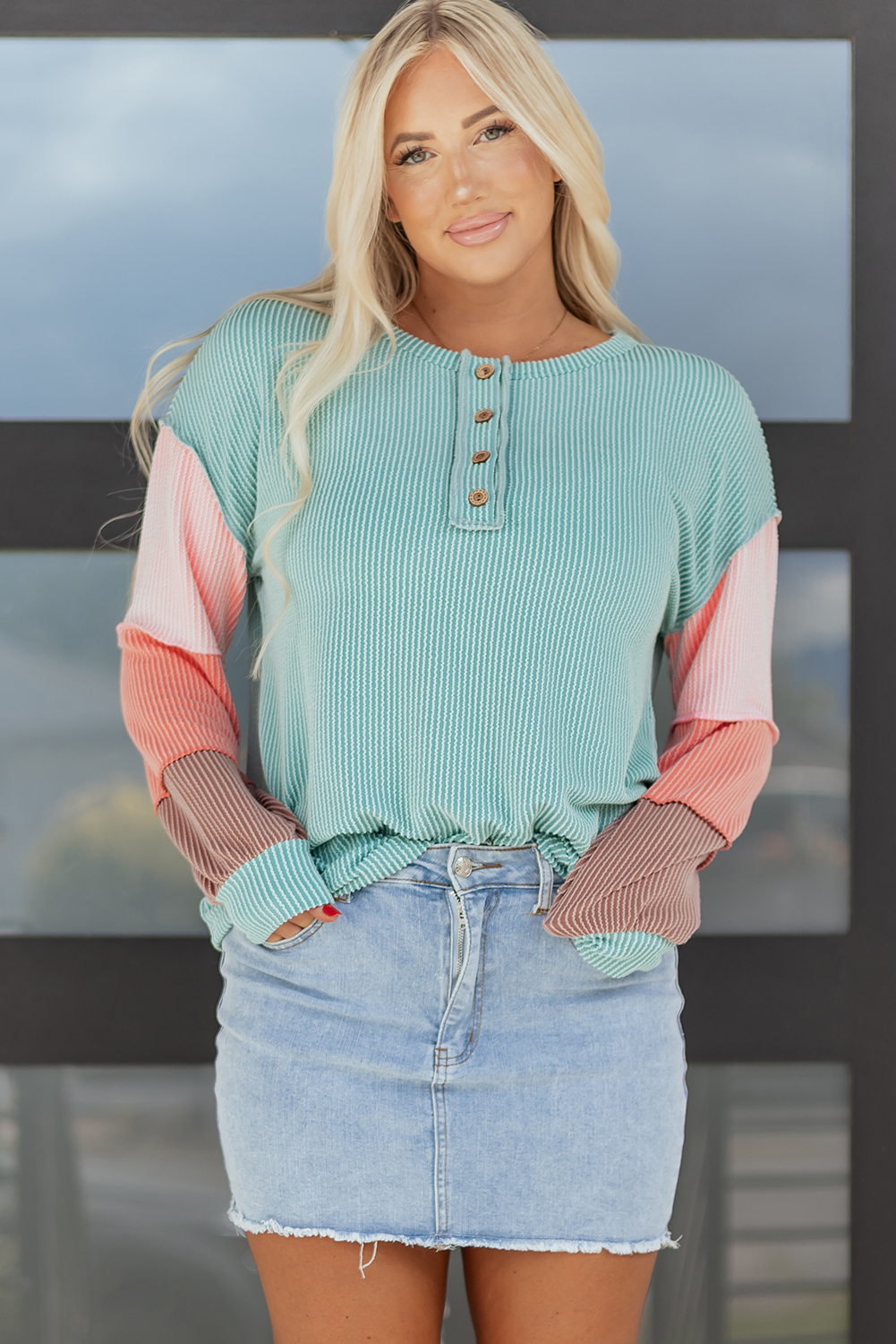Multicolour Twisted Ribbed Knit Colorblock Henley Top
