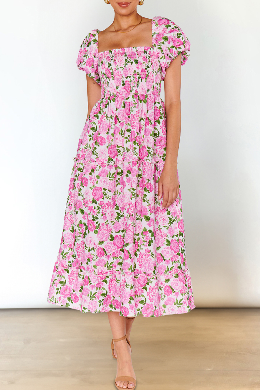 Pink Dainty Floral Smocked Puff Sleeve Flowy Long Dress