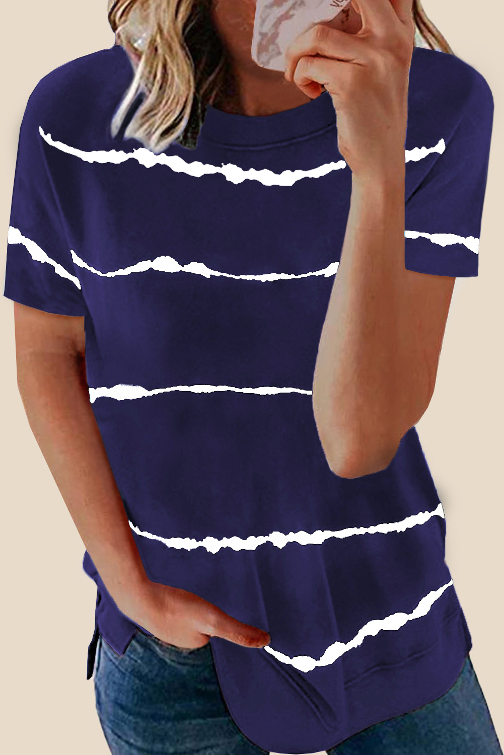 Blue Tie-dye Stripe Casual T-Shirt
