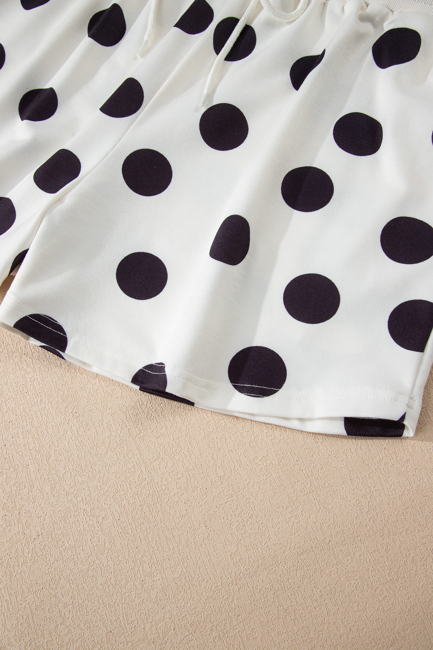 Beige Polka Dot Print Drop Shoulder Pullover Drawstring Jogger Pant Set