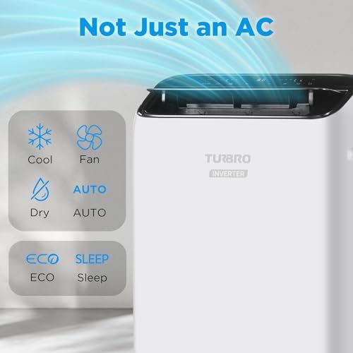 TURBRO Greenland 14,000 BTU Inverter Portable Air Conditioner, High Efficiency, Quiet Operation, Cools Up to 600 Sq. Ft., Dehumidifier & Fan, with Remote, WiFi, and Alexa/Google Assistant