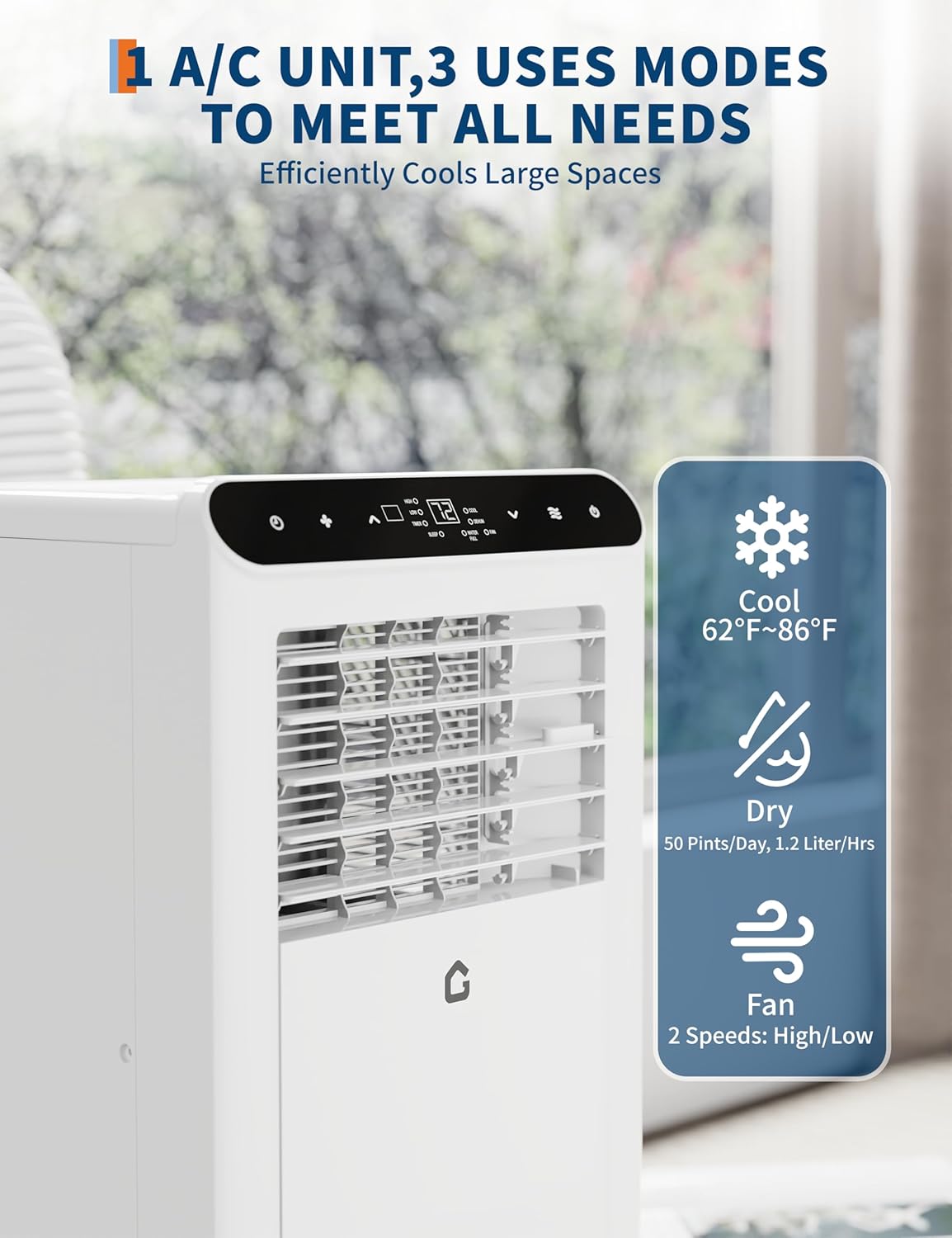 8,000 BTU Portable Air Conditioner, 3-In-1 Portable AC Units for Rooms with Dehumidifier, Fan, Room Air Conditioner Cools Up to 350 Sq.Ft., Remote Control, Auto Swing, Windows Kit Included, White Top