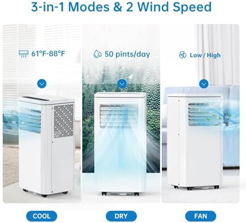 GarveeHome Portable Air Conditioner, 8000 BTU Smart Cooling for 450 Sq. Ft., Dehumidifier & Fan Modes, Easy Install, Mobile AC Unit for Bedroom.