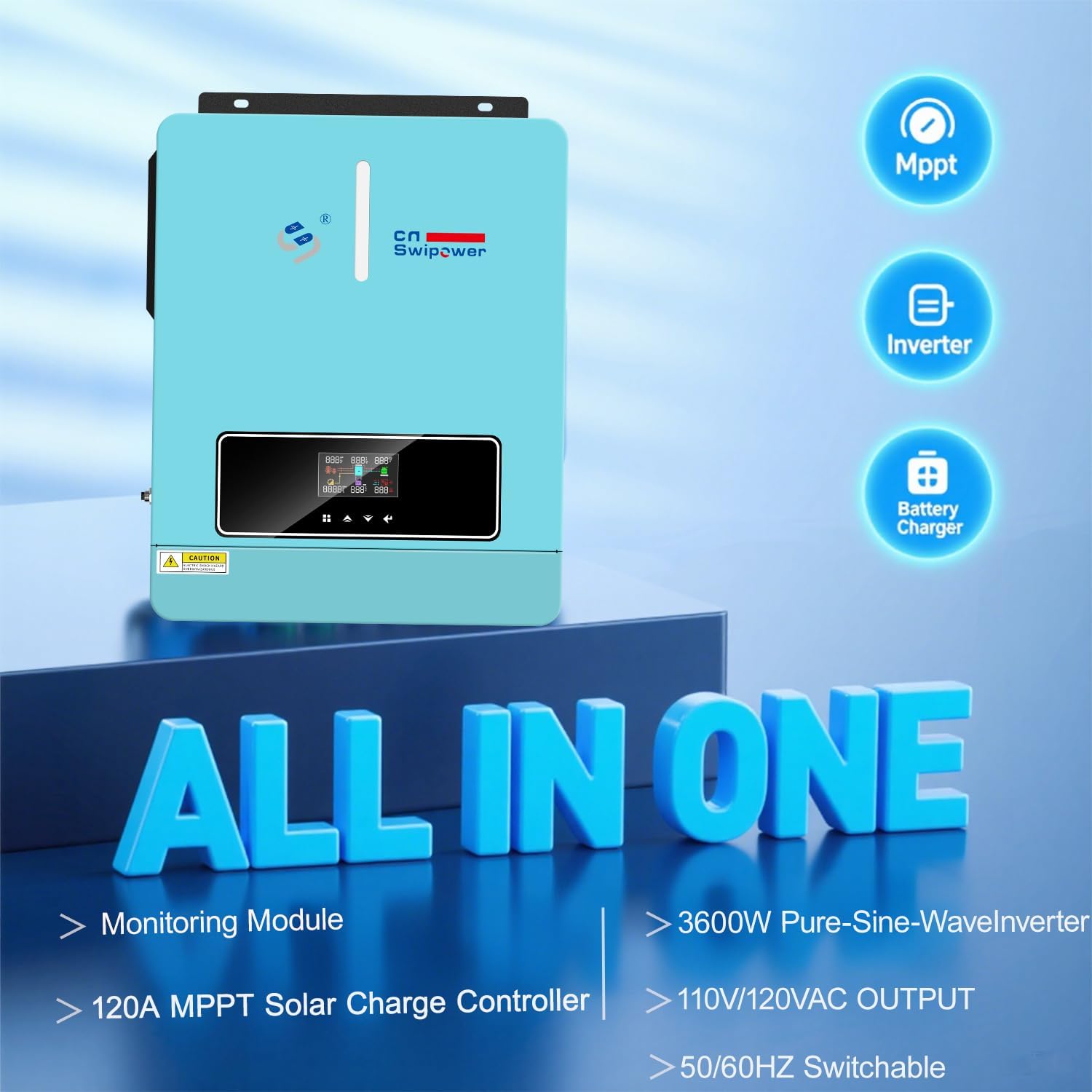 3600W Hybrid Solar Inverter 24VDC to AC 110V/ 60Hz & Built-in 120A MPPT Controller, for Homes Backup & Off-Grid