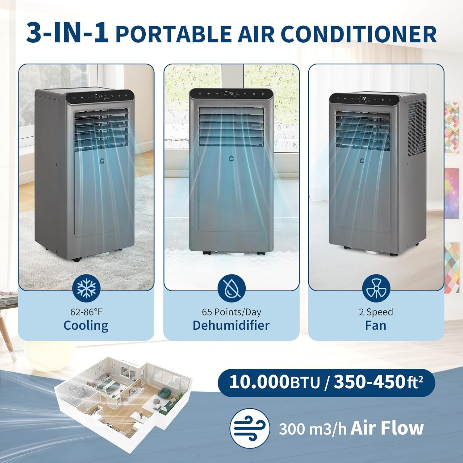 10000BTU Portable Air Conditioners w/Remote/LED Control, Free Stand Cooling Portable AC Unit for Room up to 450 sq. ft, 3-in-1 AC (Cool, Fan, Dehumidifier), 24Hrs Timer,Quiet Sleep Mode(45dB)