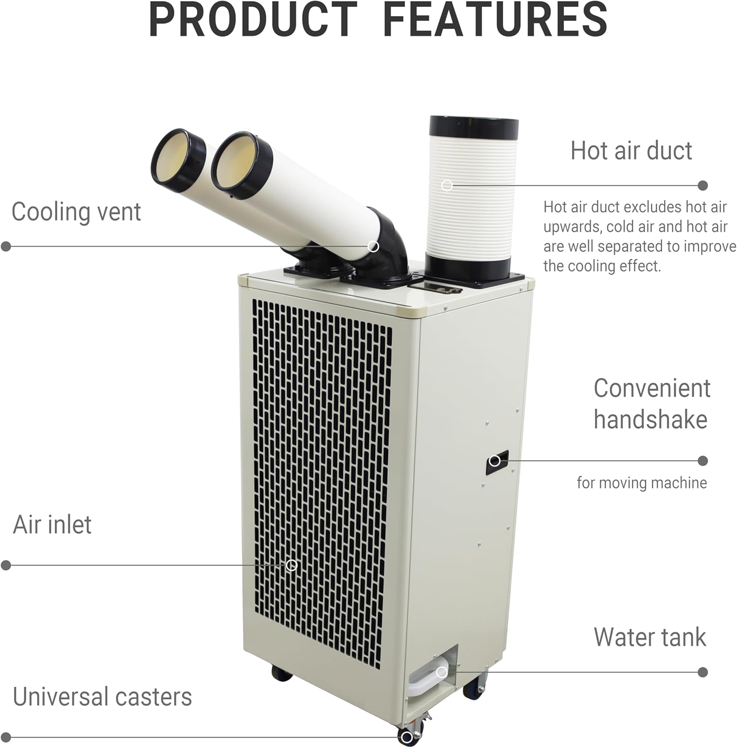 15400BTU/H Industrial Spot Cooler Air Conditioner Industrial Air Conditioner with 2.1Gal Water Tank Portable Mobile Spot Cooler Double Ducts 2.1KW 220V Beige