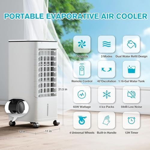 Windowless Portable Air Conditoners, 3-IN-1 Portable AC with Remote, 12H Timer &1.16Gal Tank, 45° Oscillation, 3 Modes 3 Speeds, Fast Cooling Quiet Ventless Swamp Cooler for Room Home Office, Ivory