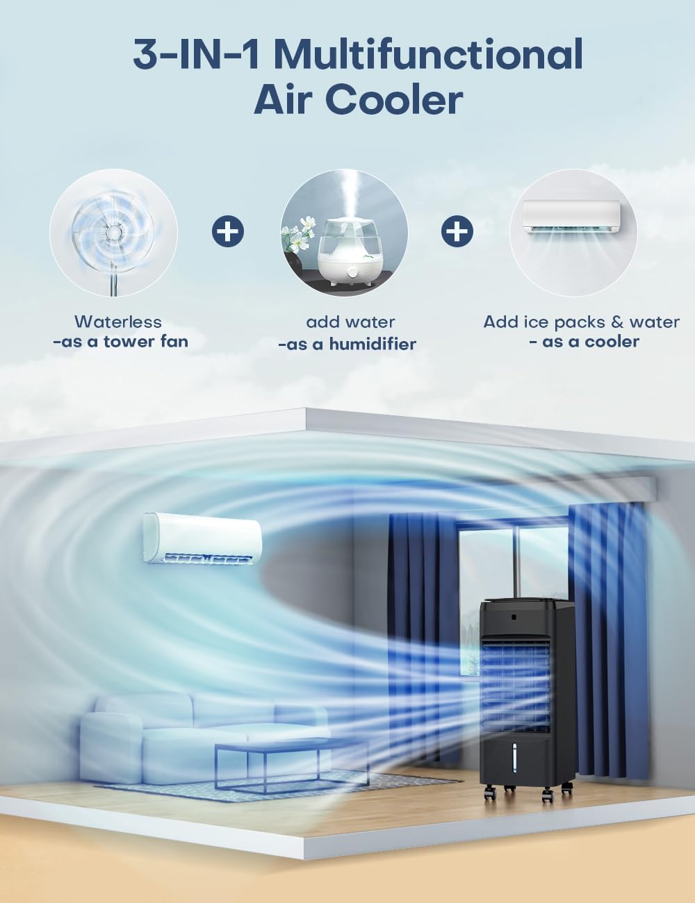 NOMEY Evaporative Air Cooler, 3-IN-1 Air Conditioner Portable for Room w/ 4 Modes & 3 Speed, 12H Timer, 1 Gal Detachable Water Tank, 4 Ice Packs, Remote, 70° Oscillation Air Cooler for Bedroom Indoor