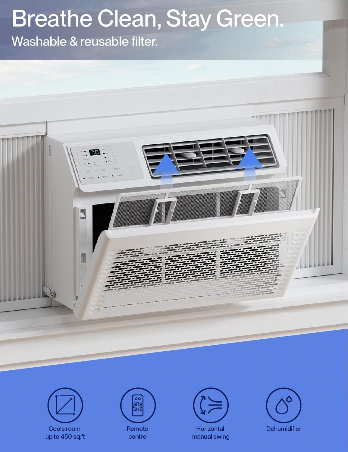 ULTRA HYPER HEAT 10,000 BTU Window Air Conditioner, Smart Cooling for Rooms up to 450 Sq.Ft, Mobile App Control, Quiet Operation, 3-in-1 Function with Cooling, Fan & Dehumidifier