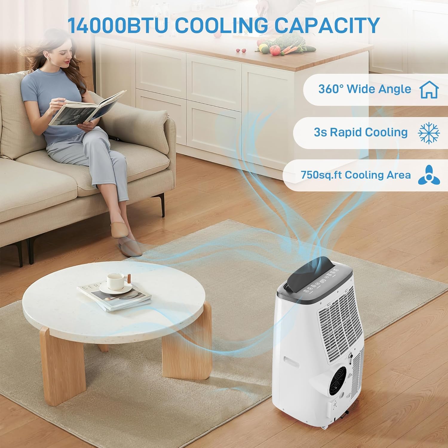 14000 BTU Portable Air Conditioner for Room up to 700 Sq.Ft - 3-in-1 Energy-Efficient AC Unit with Dehumidifier & 3-Speed Fan, Quiet Operation, Remote Control, Compact Design