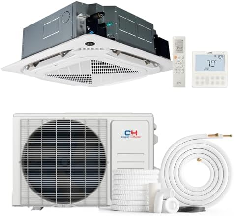 Cooper & Hunter 12,000 BTU Ceiling Cassette Ductless Mini Split Air Conditioner & Heat Pump – 21.1 SEER2 – Includes 25FT Installation Kit & Wall Thermostat – Cooling & Heating Inverter System
