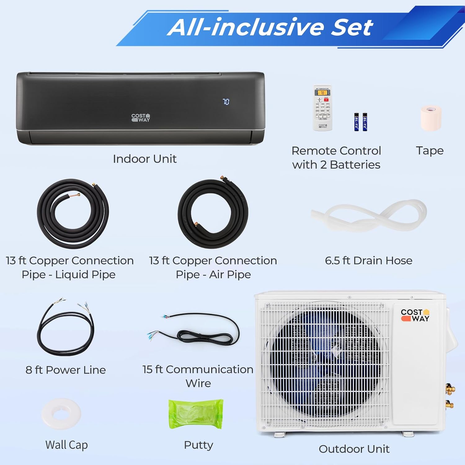 COSTWAY 24000 BTU Wifi Enabled Mini Split Air Conditioner & Heater, 21 SEER2 208-230V Inverter AC Unit Cools Rooms up to 1500 Sq. Ft, Energy Efficient Split AC w/Heat Pump