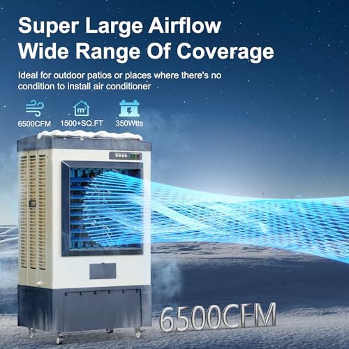 Swamp Cooler,6500 CFM Evaporative Air Cooler,19 Gal Water Tank Outdoor Air Conditioner,3 Speed,Suitable for Indoor & Outdoor Garage,Patio,courtyard,factory workshop,50inch,Blue