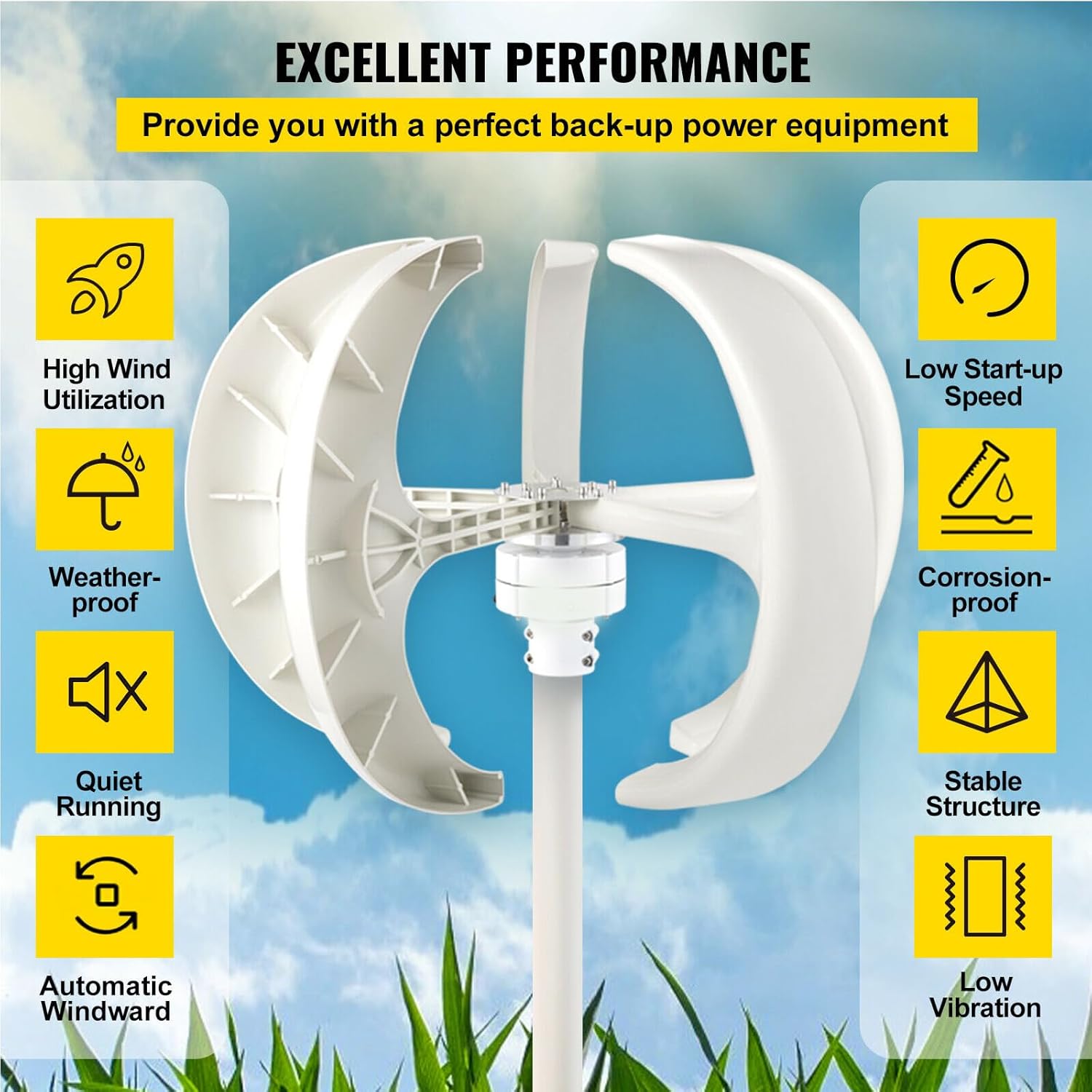 14000W White Turbine Wind Turbine Generator Kit, 12V/24V/48V 5 Blades Lantern Vertical Axis Wind Turbine Generator with Controller