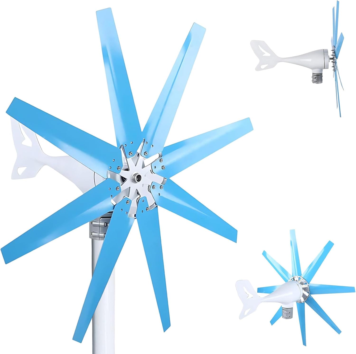 Wind Power Generator Kit 100/200/300/400W 12/24V, 8-Blade Turbine with Hybrid Controller, for Solar Wind System, Home, Marine, Off-Grid Energy Blue-400W
