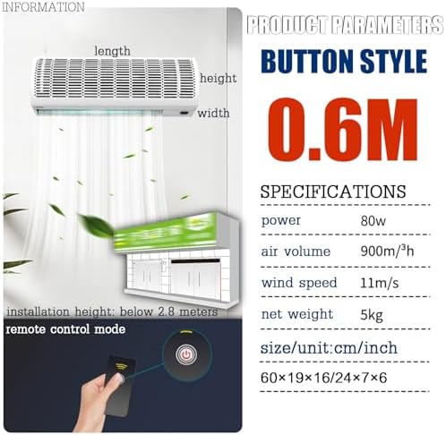 Air Curtain,Commercial Silent Door Air Curtain Machine, Energy-Saving Remote Control Black, Available in 1.5/1.8/2 Meters(0.6m)