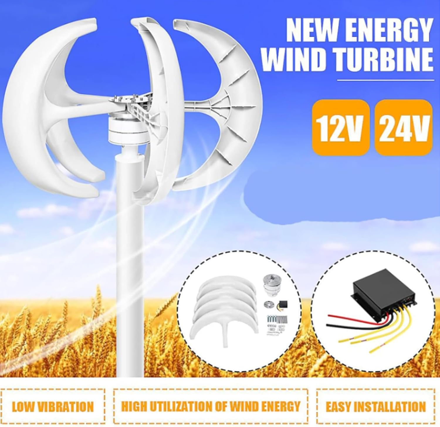 14000W 48V Portable Verticalwind Power,2M/S Wind Speed Starting Wind Power Generator with Charge Controller for Farm, Highway, Mountainous Areas