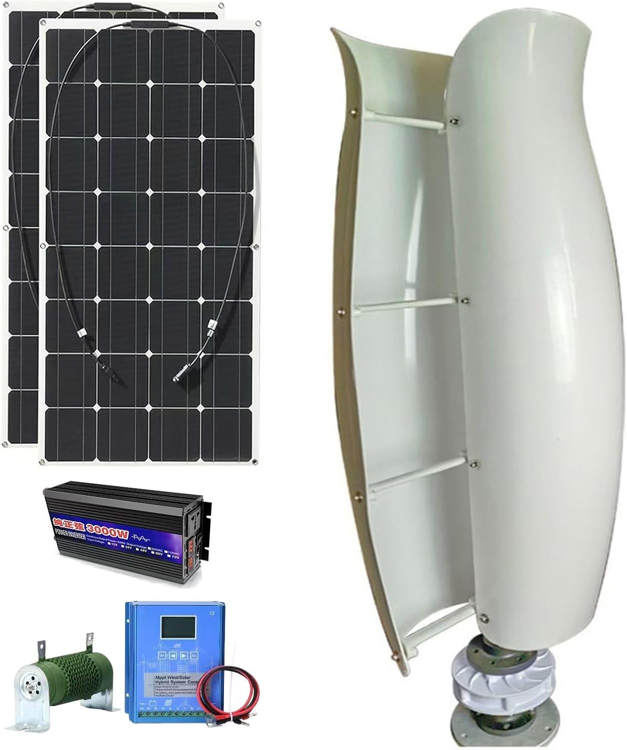 3KW Wind Turbine Generator Kit 12V 24V 48V Free Energy Windmill Vertical Axis Wind Turbine + 2 * 100W Photovoltaic Panels + 3000W Inverter Wind-Solar Hybrid Power Generation System(White,48V)