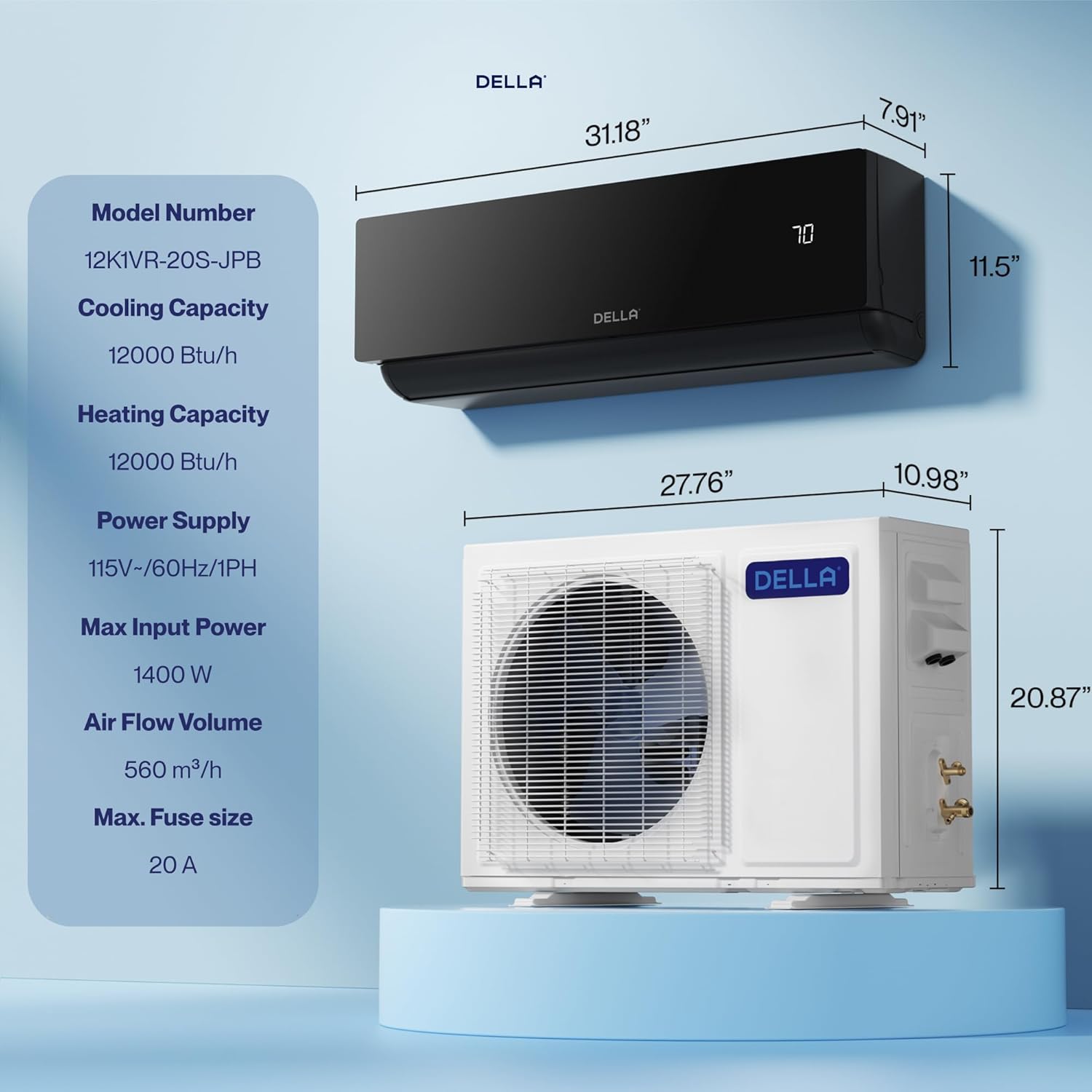 DELLA Umbra Series 12000 BTU Mini Split Work with Alexa 20 SEER2 Cools Up to 550 Sq.Ft Energy Saving Split AC & Pre-Charged 1 Ton Heat Pump Ductless Inverter System