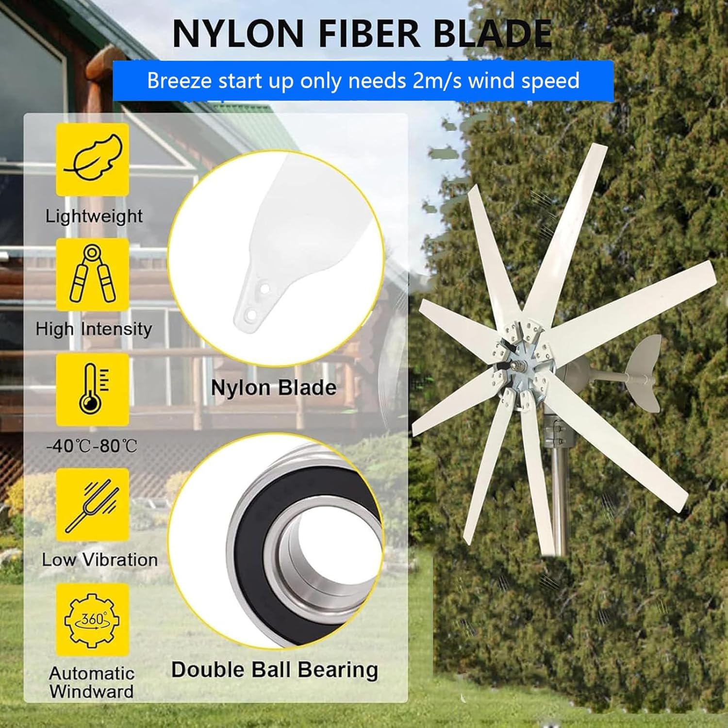 2000W Wind Turbine Generator Kit,8-Blade Wind Power Generator,12V 24V 48V 220V with Charge Controller,2m/s Start Wind Speed,with MPPT Controller,Suitable for Home,Farm,RV 12V