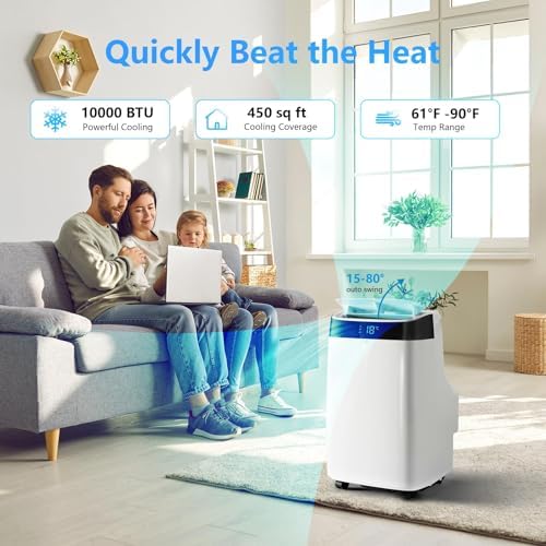 10,000 BTUs Portable Air Conditioner with Remote Control, Floor AC Unit Cools Up to 450 Sq. Ft, LED/3 IN 1 Dehumidifier, Fan, Auto, Sleep, Window Kit Included, Air Conditioner for Living Bed Room