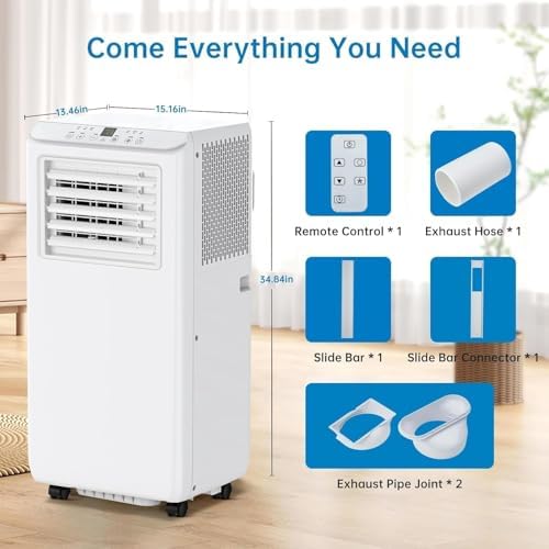 8,000 BTU Portable Air Conditioner - 3-in-1 Cooling, Dehumidifier & Fan for 350 Sq.Ft, Remote Control, Sleep Mode, 2 Fan Speeds, Easy Mobility for Home/Office