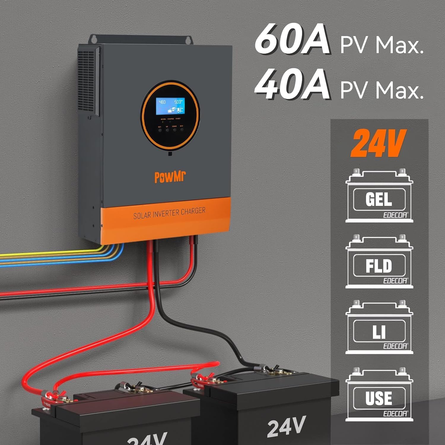 PowMr 3200W Solar Inverter 24VDC to 110VAC, 3.2KW Pure Sine Wave Inverter Bulit-in 60A MPPT Controller and with 40A AC Charger, Max.PV Input 1600W 108V, fit for Lead-Acid and Lithium Battery