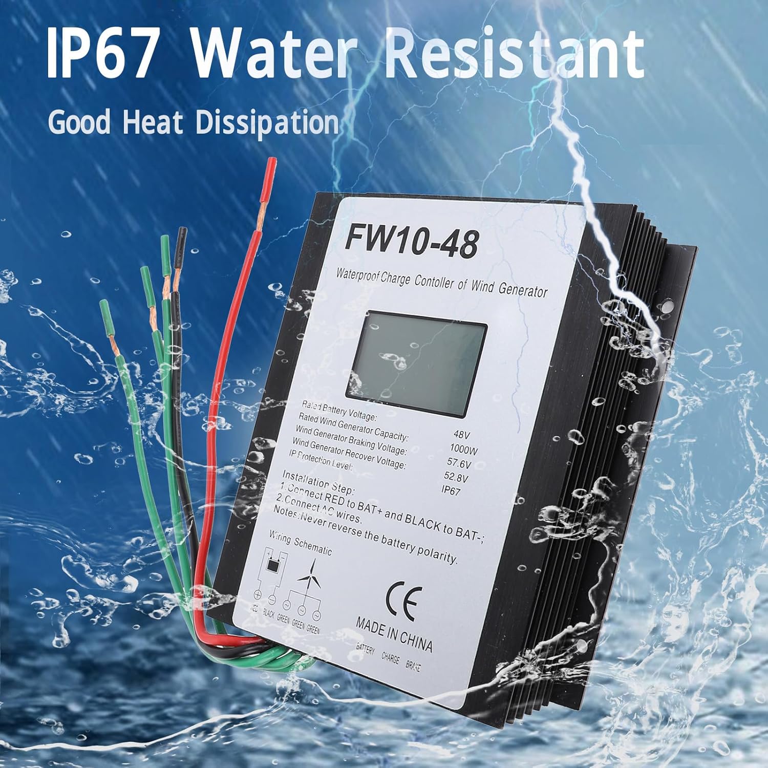 MPPT Wind Turbine Charge Controller, 48V, IP67 Water ; Solar Controller - Automatic Braking, LED Display, Ideal for Off - Grid Systems