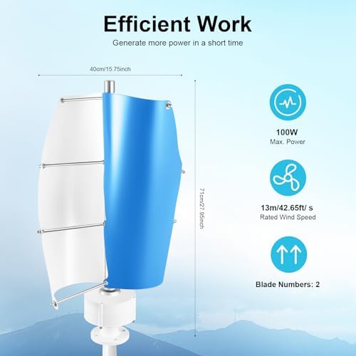 100W Vertical Wind Turbine Generator with 5 Blades & Controller - Eco-Friendly Wind-Solar Hybrid for Marine, Boat, and Outdoor Streetlight Solutions (White & Blue)