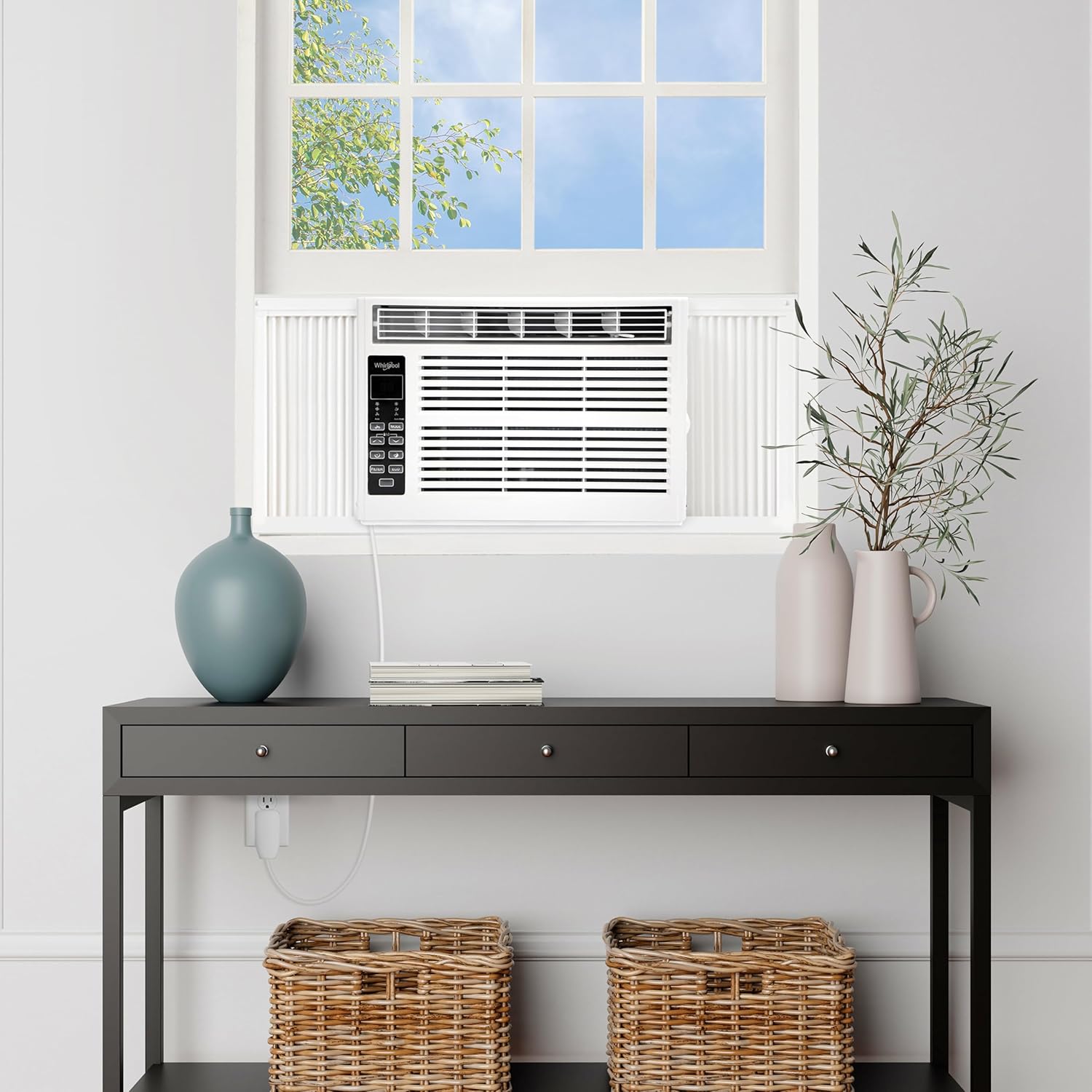 Whirlpool 8,000 BTU Window Air Conditioner with Dehumidifier, 115V, Window AC for Rooms up to 350 Sq. Ft., Living Room, Bedroom, or Apartment, with 3 Speeds, Remote Control, and 24H Timer, White
