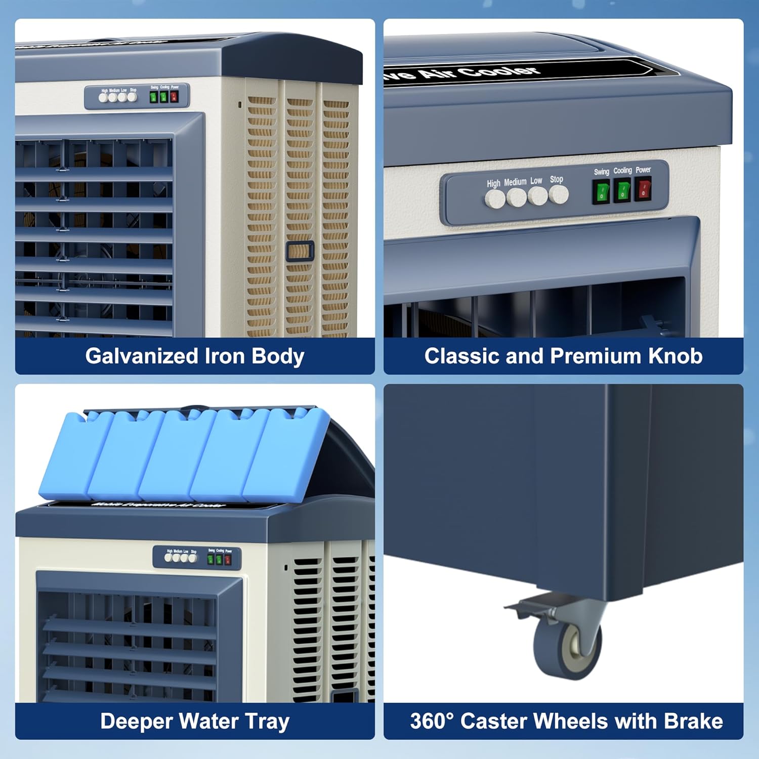 Swamp Cooler, 6550CFM Evaporative Air Coolers with 19.5 Gal Tank, Windowless Air Conditioner 3 Speeds for Outdoor Use, 49 Inch Air Cooler Water Fan for Patio, Garage, Shop, Commercial Grey