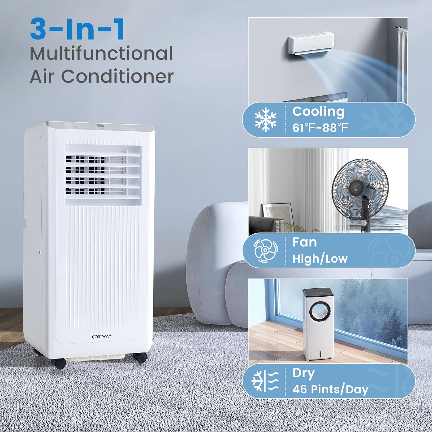 COSTWAY Portable Air Conditioner, 8000 BTU Air Conditioner with Remote Control, Digital Display, Installation Kit, Sleep Mode, 24H Timer, AC Unit for Bedrooms Up to 250 Sq.Ft, White (8000 BTU)