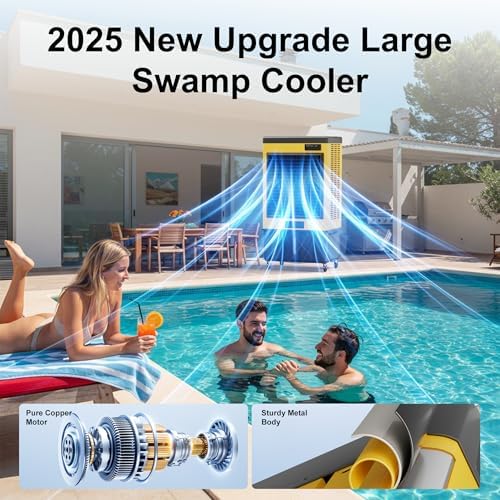 AKIRES 14715CFM Swamp Coolers,Evaporative Air Cooler for 2800Sq.ft of Space,with Continuous Auto Fill,53-Gal Water Tank,120°Oscillation,5 Ice Packs,Cooling Fan for Outdoor,Indoor Yellow(71IN)