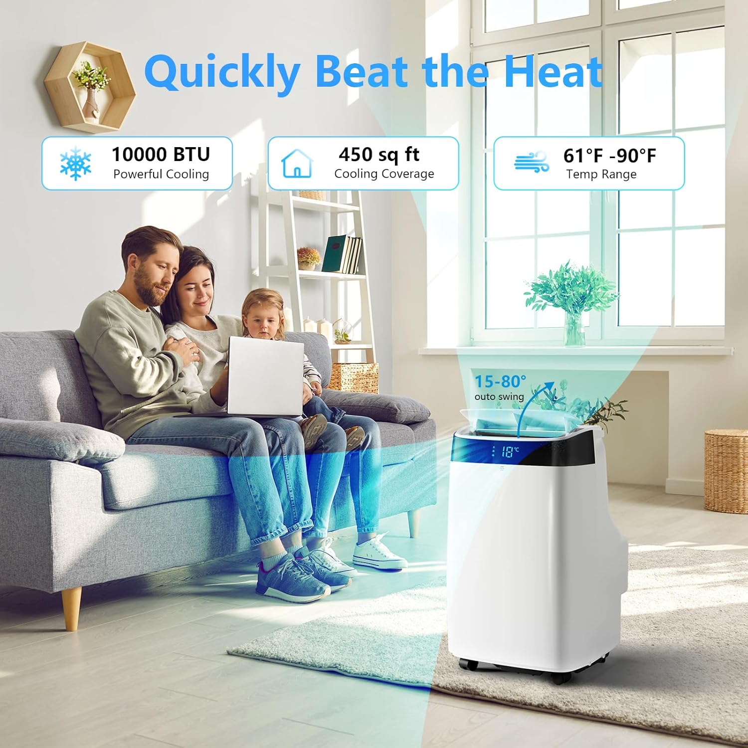 10,000 BTU Portable Air Conditioner with Remote Control - Quiet AC Unit for Cooling, Dehumidifier & Fan Modes, Ideal for Rooms up to 450 Sq. Ft,24-Hour Timer,White