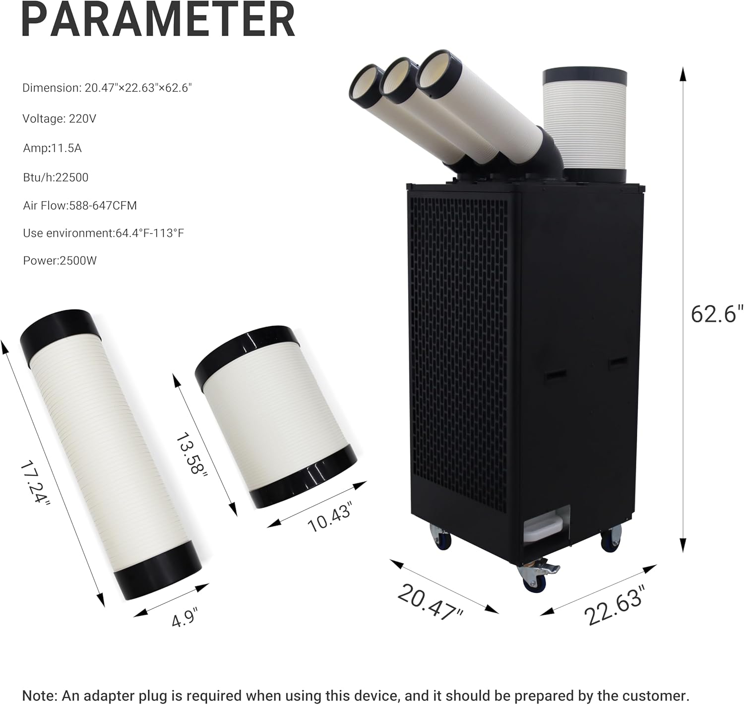 Industrial Air Conditioner 22500BTU/H Portable Air Conditioner Industrial Grade with 3.4Gal Water Tank Portable Mobile Spot Cooler Three-Duct 2.5KW 220V