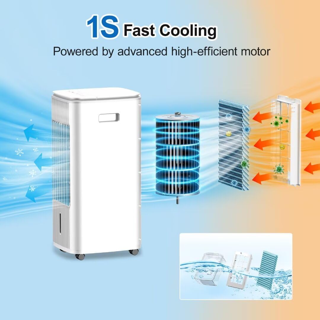 Portable Air Conditioner Evaporative Cooler Ac Unit,BEBEGINE Swamp Cooling Fan Without Hose,3-IN-1 Windowless Ventless Humidifier for Room Offices,Remote,3 Speed,Water Tank,3 Ice Pack Large