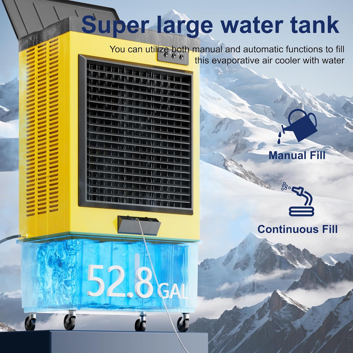 Swamp Cooler,14715 CFM Evaporative Air Cooler,52.8 Gal Water Tank Outdoor Air Conditioner,3 Speed,Suitable for Indoor & Outdoor Garage,Patio,courtyard,factory workshop,70inch,Yellow