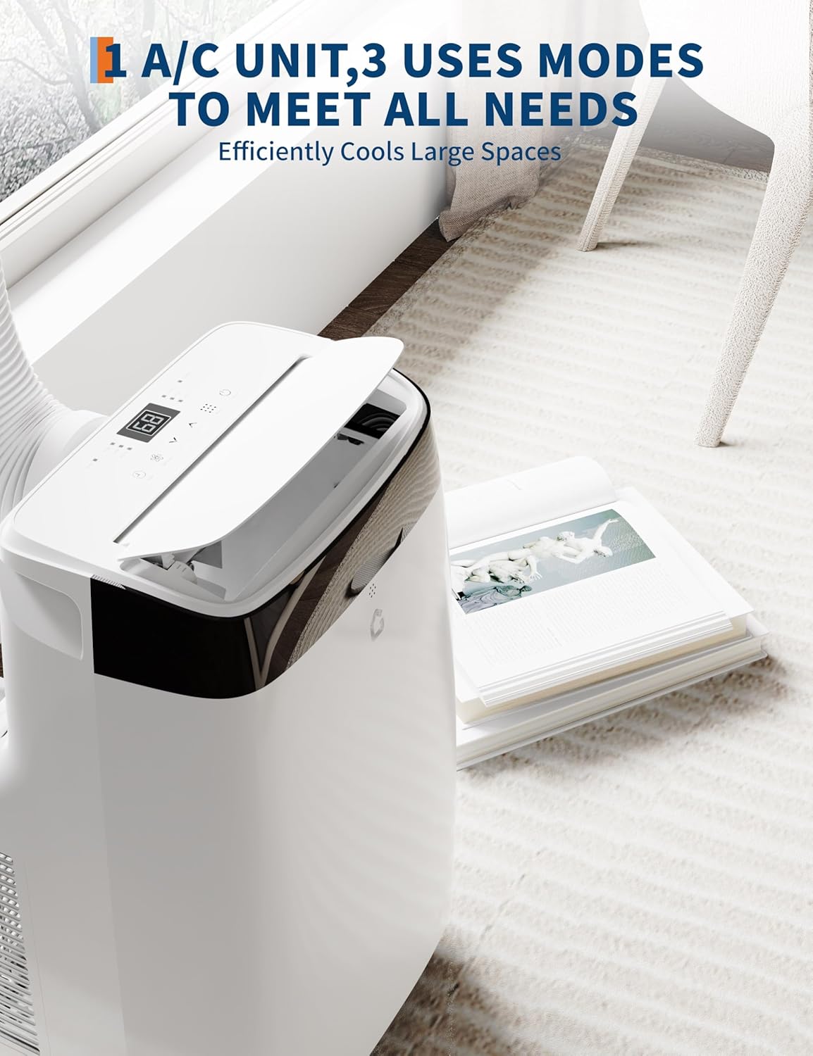 10000 BTU Portable Air Conditioner - 3 in-1 Cooling, Dehumidifier & Fan with Quiet Operation, Sleep Mode, 24H Timer & Energy Savings, for Rooms Up to 450 Sq.Ft, Includes Remote Control, Reusable Filt