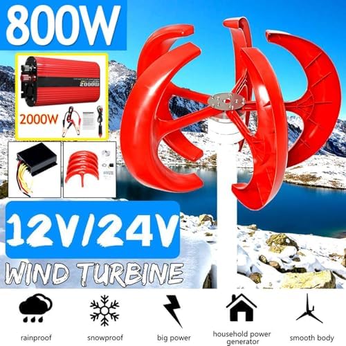 800W 5-Blade Vertical Axis Wind Turbine Kit - 12V/24V Wind Generator with 2000W Inverter for Home Use - Efficient Renewable Energy Solution with Permanent Magnet Technology