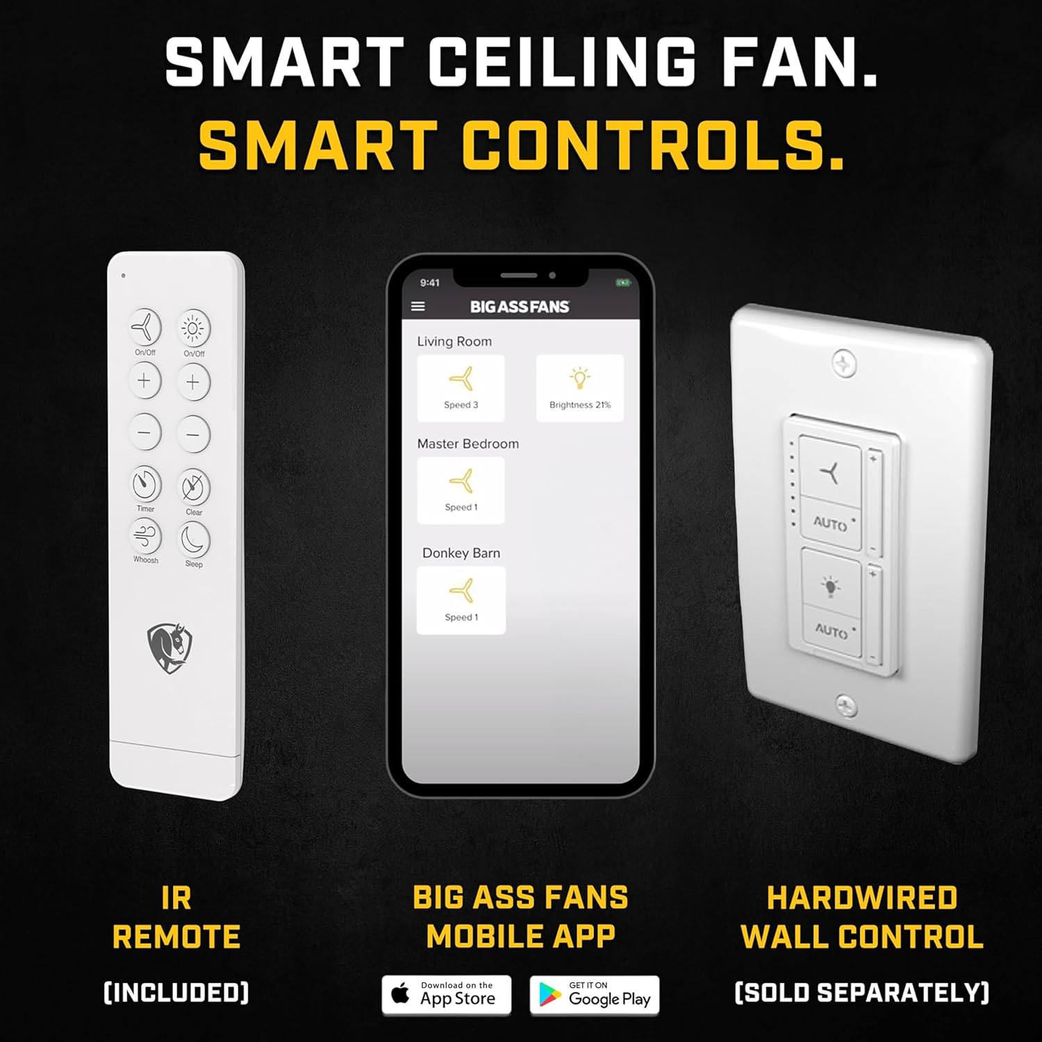 Big Ass Fans – Haiku L, Smart Ceiling Fan – Energy Efficient Cooling for Home, Bedroom, Office, Living Space, and More – 16 Lighting Settings with 7 Speed Settings – 52” - Caramel/Black