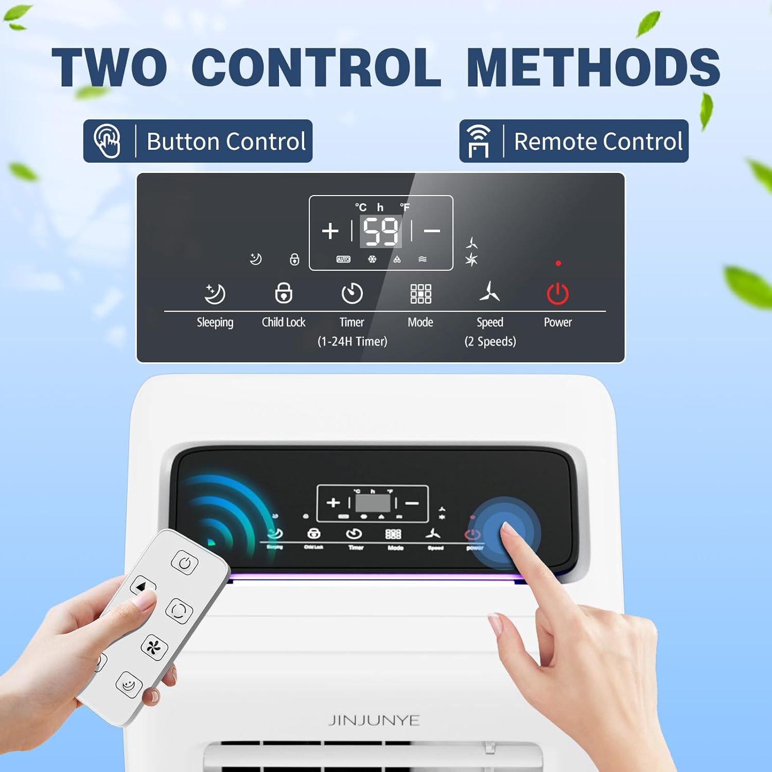 JINJUNYE 10,000 BTU Portable Air Conditioners 4 IN 1 with 7 Colors LED Light, Portable AC Unit Dry, Fan, Sleep Mode, Cools Up to 450 Sq.Ft, 24H Timer, Window Kit, Not Include Battery KF450062-1