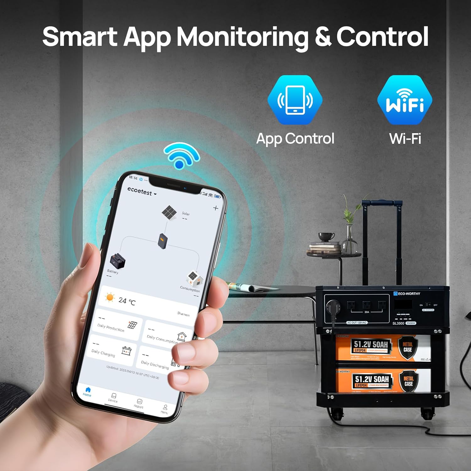 ECO-WORTHY SL3500 Stackable Power Station Solar Inverter AC 3500W Output,5120Wh LiFePO4 Battery with BMS,Movable Portable Stand with Expandable Tiers for Home Backup,Emergency,Solar System Components