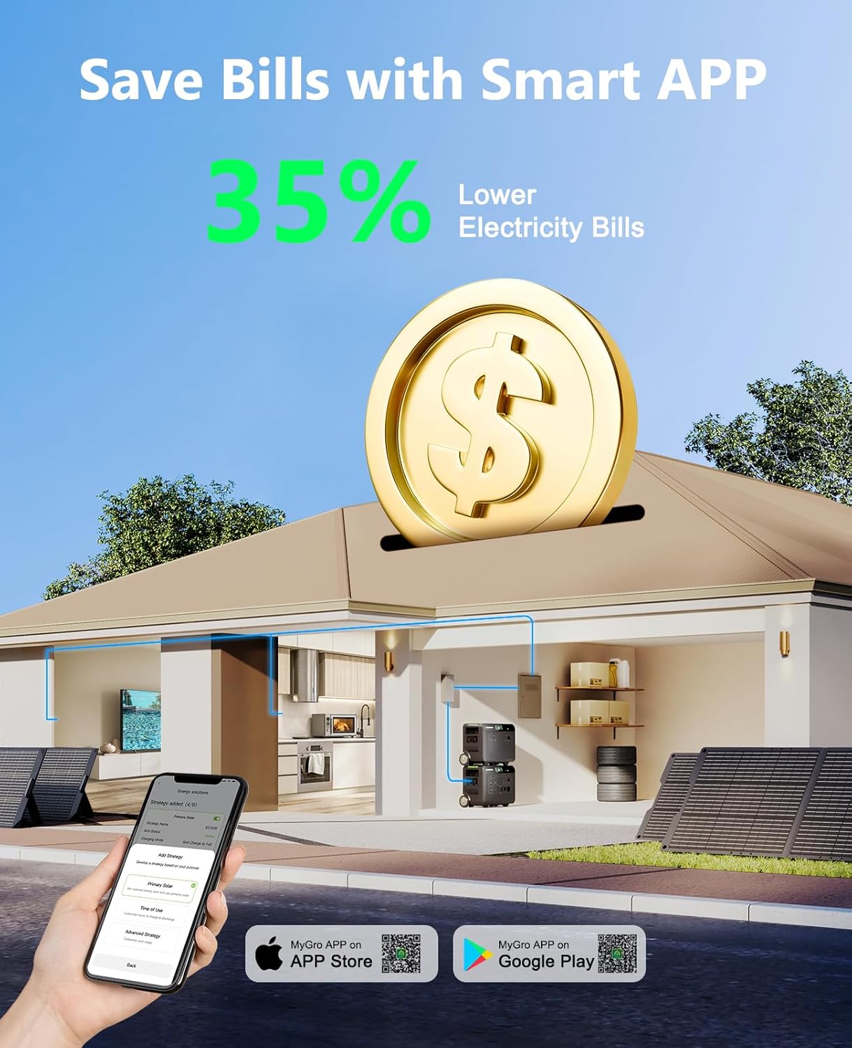 GROWATT HELIOS 3600 Portable Power Station and BP3600 Expansion Battery,7372Wh LiFePO4 Batteries 120V/240V 3600W AC Outpu Solar Generator for Home Backup, RVs, Power Outages, and Outdoor Camping