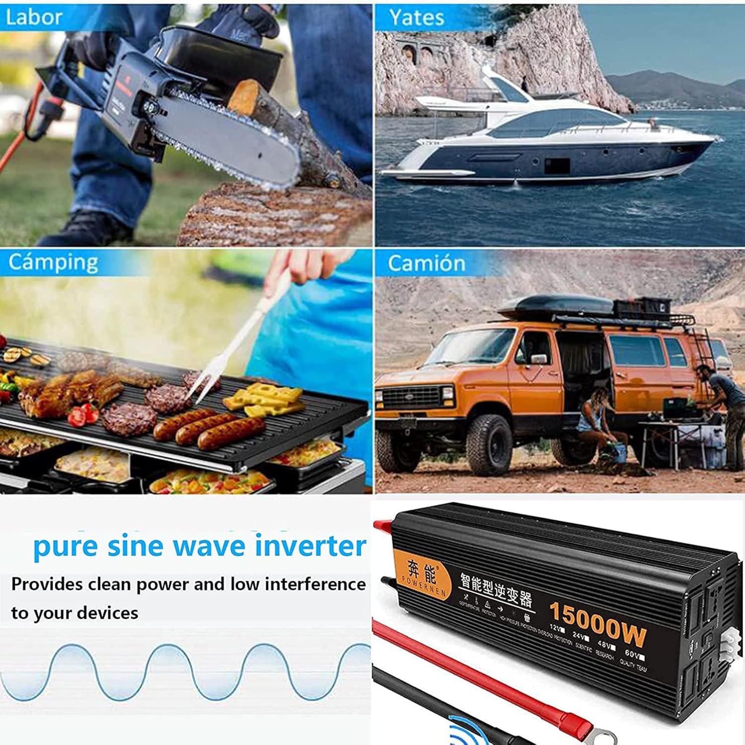 Pure Sine Wave Inverter 15000W 12V 24V 48V 60V to 220V with LCD Display & USB Port, Dual Digital Display for Car, High Power Converter for Home & RV Use